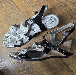 Stylish Black and White Wedge Sandals US 9.5
